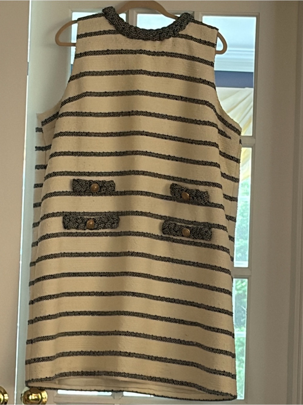 Striped Tweed Pocket Shift Dress - Cream & Black